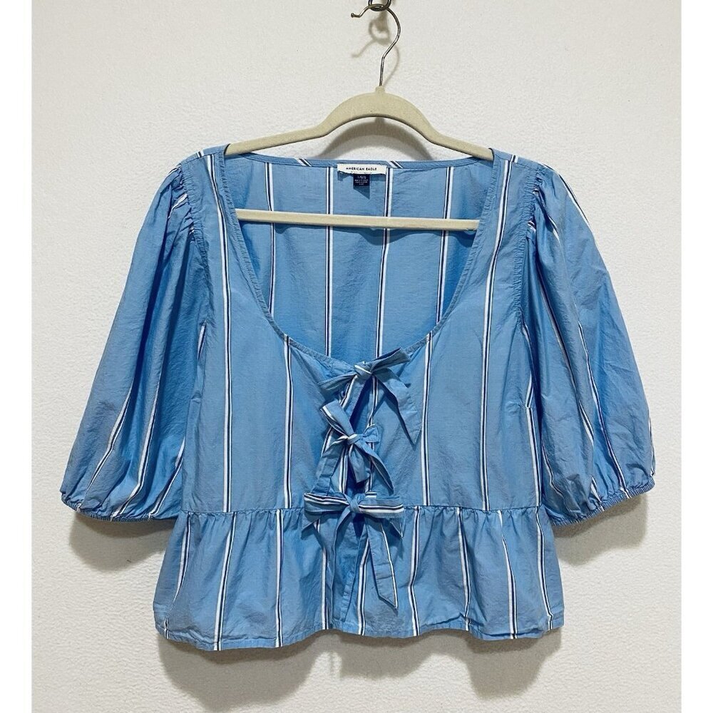 American Eagle Top Womens Large Blue Striped Bow Tie Front Peplum Cottagecore